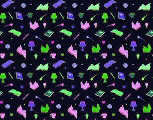 Wall Mural - seamless pattern with books, lamps, pens and cups, vector illustration