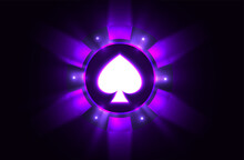 Vector Luminous Purple Neon Light Casino Poker Chip Banner. Dark Night Gamble Background. Poker Club Text, Blackjack Or Online Casino Banner