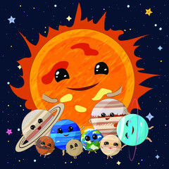 Wall Mural - cartoon sun with planets of solar system on space background, vector illustration
