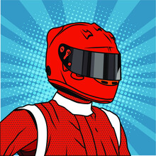 Pop-art red monopost racing pilot with helmet 