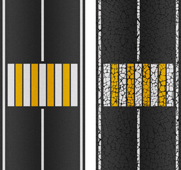 Two options for the texture of the road, new and old cracked. Pedestrian crossing across a road of nine alternating white and yellow stripes. With markings of white solid stripes on the left and right