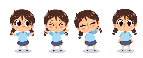 Wall Mural - Kawaii cute girl character in various emotion. cartoon vector illustration.