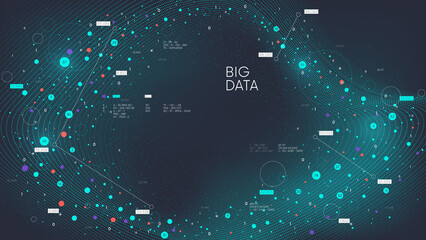 Digital information flow visualization, futuristic neural network streaming of big data structuring and analysis, virtual database processing science, tech vector background