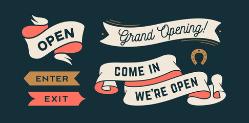 Vintage graphic set. Ribbon, flag, arrow, board with text Open, We are Open, Grand Opening. Set of ribbon banner and retro graphic. Isolated vintage old school set shapes. Vector Illustration