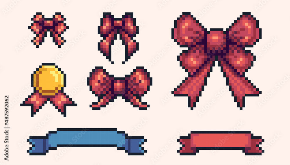 Vetor Ribbon pixel art icon. Present bow logo. 8-bit sprite