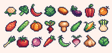 Different Vegetables Pixel Art Icon Set. Fresh Veggies Logo Collection. 8-bit Sprite. Game Development, Mobile App.  Isolated Vector Illustration.