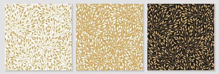Luxury floral pattern with gold leaves on a white background. Vector illustration with plant elements in line art style for covers, advertisements, wedding invitations, cards, wallpapers