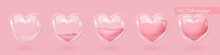 Set Of Realistic Glass Hearts With Pink Liquid With Bubbles. Symbol Of Love. Vector Illustration For Card, Party, Design, Flyer, Poster, Banner, Web, Advertising.