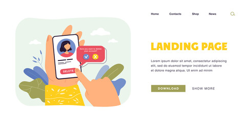 Wall Mural - Hands of female social network user deleting account. Woman pressing delete button on phone, removing online information flat vector illustration. Addiction, modern technology concept for banner