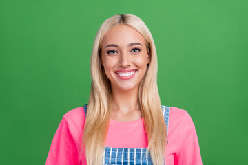 Canvas Print - Photo of cheerful candid dream girlfriend look camera beaming smile wear striped overall isolated green color background