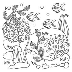  Underwater coloring book page for adult and older children. Fish and coral,algae seaweed , under sea world. Vector illustration