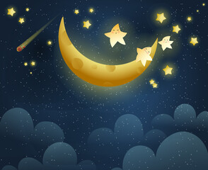golden moon sleeping and shiny stars, cosmic background with clouds stars and a crescent. cute sleep