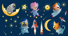 Space Travel With Kids, Dog And Cat, Golden Moon And A Star. Boy And Girl, Animals Cosmonaut Characters Cartoon Clip Art Galaxy For Children. Vector Kids Clipart Space Collection.