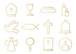 set of golden christian, catholic religion icons; bishop hat, chalice, bread, candles, dove, cross, bell, angel, rosary, bible, church- vector illustration