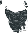 Dark gray flat vector administrative map of local government areas of the Australian state of TASMANIA, AUSTRALIA with white border lines and name tags of its areas