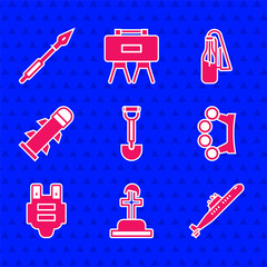 Canvas Print - Set Sapper shovel, Soldier grave, Submarine, Brass knuckles, Bulletproof vest, Rocket, Cocktail molotov and Medieval spear icon. Vector