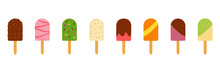 Vector clip-art eight different popsicles on a stick on a transparent background. Ice cream illustration.