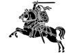 Vytis Lithuania symbol an armored rider on a horse, holding sword raised above his head in his right hand. Shield with a double cross hangs next to the rider's left shoulder. Golden color, rider horse
