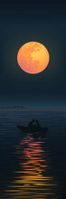 Romantic Silhouette Of Loving Couple At Moonlight In A Boat