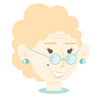 Vector illustration of the face of a cute old woman with glasses. Woman's face with glasses. Grandmother. Nice old woman in blue glasses. Isolated