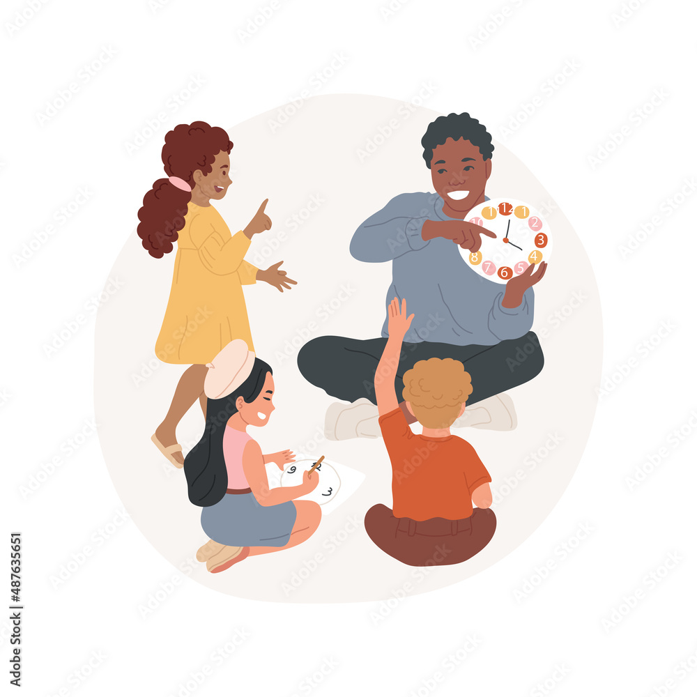 Learning to tell time isolated cartoon vector illustration Learn to identify hour on a clock, child telling time, early education, social skills development, kindergarten vector cartoon.