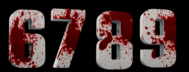 Fototapeta alphabet blood. 6, 7, 8, 9. numbers horror. white letters smeared with blood. 3d render. black background.