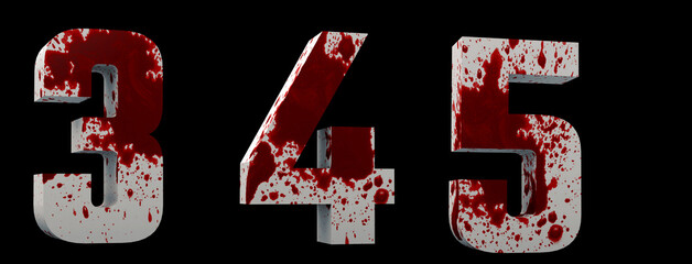 Fototapeta alphabet blood. 3, 4, 5. numbers horror. white letters smeared with blood. 3d render. black background.
