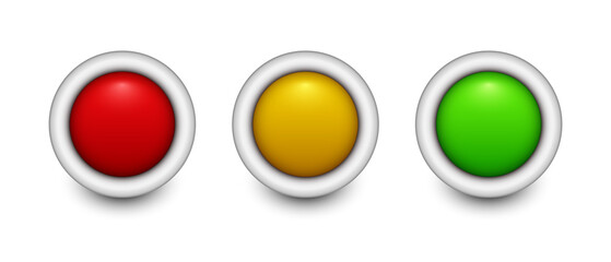 Three round blank buttons. Green, orange and red buttons. Vector 3d illustration isolated on white background.