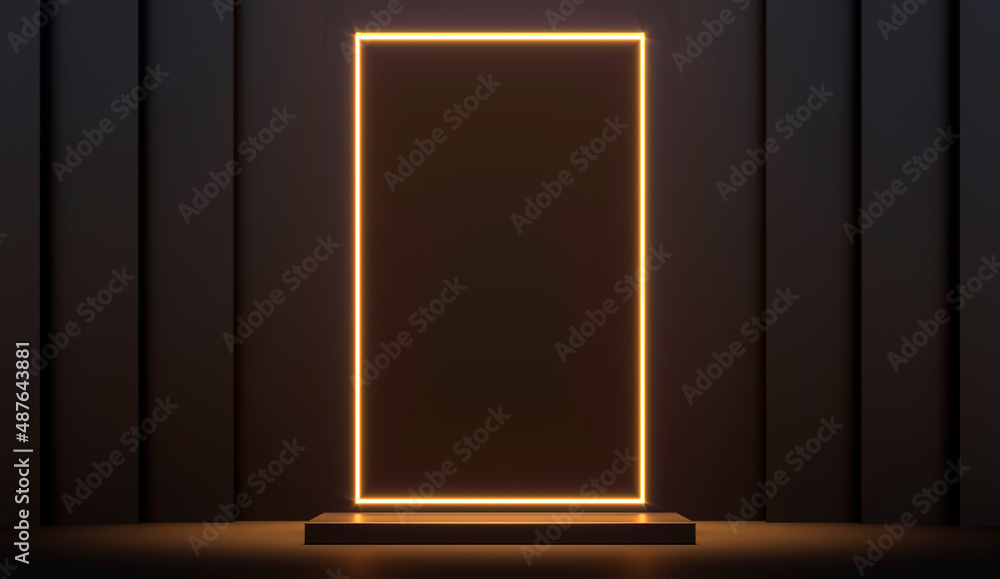 Dark matte pedestal, podium, stand and light. Exhibition space for branded products, goods. Glow decor for Luxury royal ads design. 3d render illustration. Shower cosmetics advertising mockup