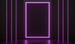 © amecold - Dark neon light and pedestal, podium, stand. Exhibition space for branded products, goods. Glow violet decor for Luxury royal ads design. 3d render illustration. Club promotion party poster