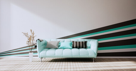 Black and Mint wall on living room two tone colorful design.3D rendering