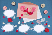 Invitation Cards For Some Party With Pelargonium Flowers And Petals On Blue Sparkling Background.Free Space For Writing .Top View