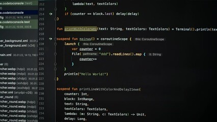 Developer is browsing html code on the computer screen. Scroll of HTML Web Page Code. Programming code abstract technology background. Computer script concept. High quality 4k footage