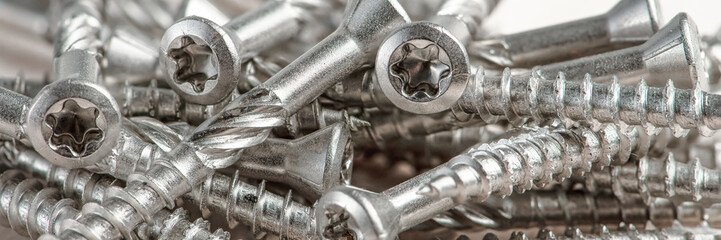 Close-up of universal silver screws with torx head. Self-tapping screws for wood, plywood or chipboard. Torx screws close up.