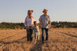 © BalanceFormCreative - Grandparents with the grandson. They're playing on the meadow and joying in sunset.