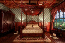 Vintage Victorian Bedroom Interior With Four Poster Bed. 3d Illustration.
