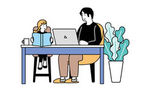 パソコンをする男性と本を読む子どものイラスト　在宅で仕事をする風景
