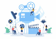 Movie Studio With Camera Crew Team People, Directur, Lights, Microphone On Scene Shooting Location For Making Film In Flat Design Background Illustration
