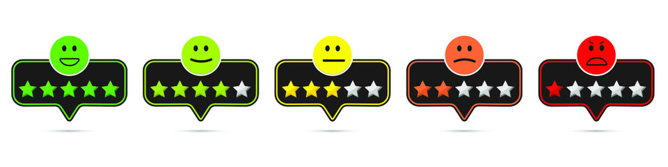 Vector emoticons label for rating survey, customer reviews. Set of moods from angry to happy. Round colored black editable stroke icons. Satisfaction scale, stars excellent, good, normal, bad, awful.