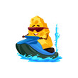 © Vector Tradition - Cheese character on jet ski, milk food vector personage water sport and summer vacation activity. Cartoon funny cheddar or swiss cheese with sunglasses on water scooter jumping over sea waves