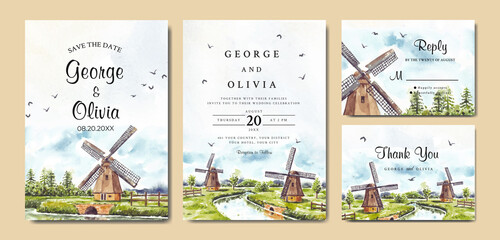 Wall Mural - Wedding invitation of nature landscape with windmill and river watercolor