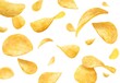 Flying and falling crispy wavy potato chips. Vector background with realistic ripple chips pieces, 3d crunchy snack. Delicious food, crisp meal promotion with yellow potato slices motion
