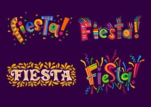 Fiesta Party Mexican, Spanish And Latin Holiday Carnival. Vector Bright Color Festive Lettering With Latino Ornaments Of Ethnic Geometric Pattern And Colorful Leaves Motif, Confetti, Gold Foliage