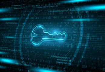 Fototapete - Cyber security, computer data encryption and internet protection background with stream of binary data, code and digital key. Personal information safety, digital data secure access with password key
