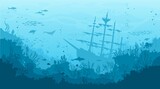 Ocean underwater landscape with sunken sailing ship, seaweed and reef. Deep sea world, seabed landscape vector background with undersea life. Seafloor aquatic scene with pirate caravel silhouette