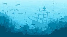 Ocean Underwater Landscape With Sunken Sailing Ship, Seaweed And Reef. Deep Sea World, Seabed Landscape Vector Background With Undersea Life. Seafloor Aquatic Scene With Pirate Caravel Silhouette