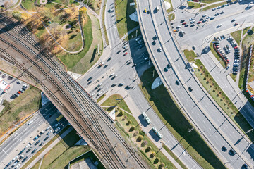 Wall Mural - aerial view of highway intersection in the city. aerial top view from flying drone.