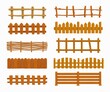 Cartoon wooden fence vector set, garden or farm palisade, gates or balustrade with pickets. Enclosure railing, banister or fencing sections with decorative pillars. Wooden isolated fence and balusters