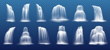 Realistic Waterfall Cascades, Water Fall Streams Vector Set. Pure Liquid Squirts With Fog. River, Fountain Elements For Natural Design Or Landscaping. 3d Falling Waterfall, Isolated Streaming Jets