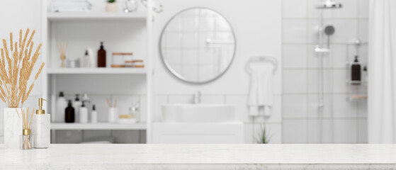 Wall Mural - A copy space on white marble bathroom tabletop. 3d rendering